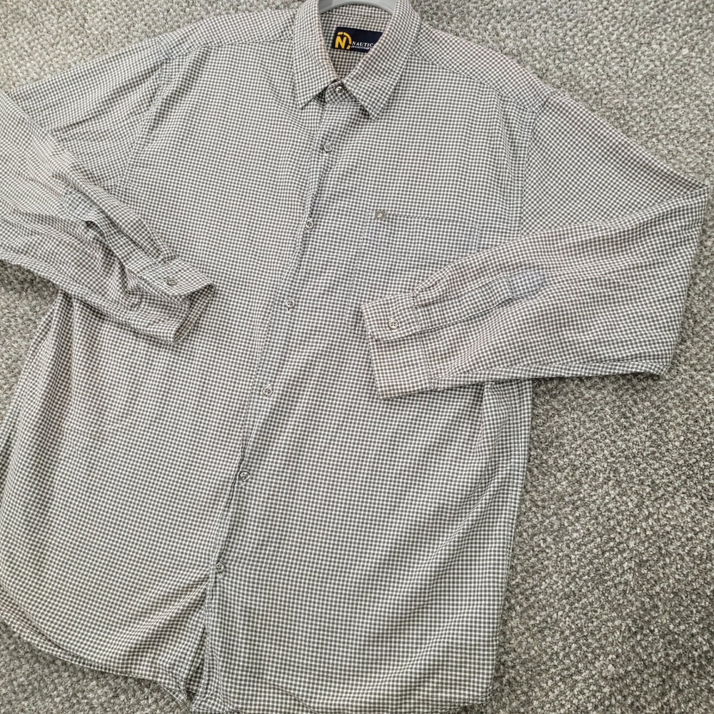 Vintage Nautica Jeans Mens Large Brown Blue Micro Check Cotton Button Down Shirt
